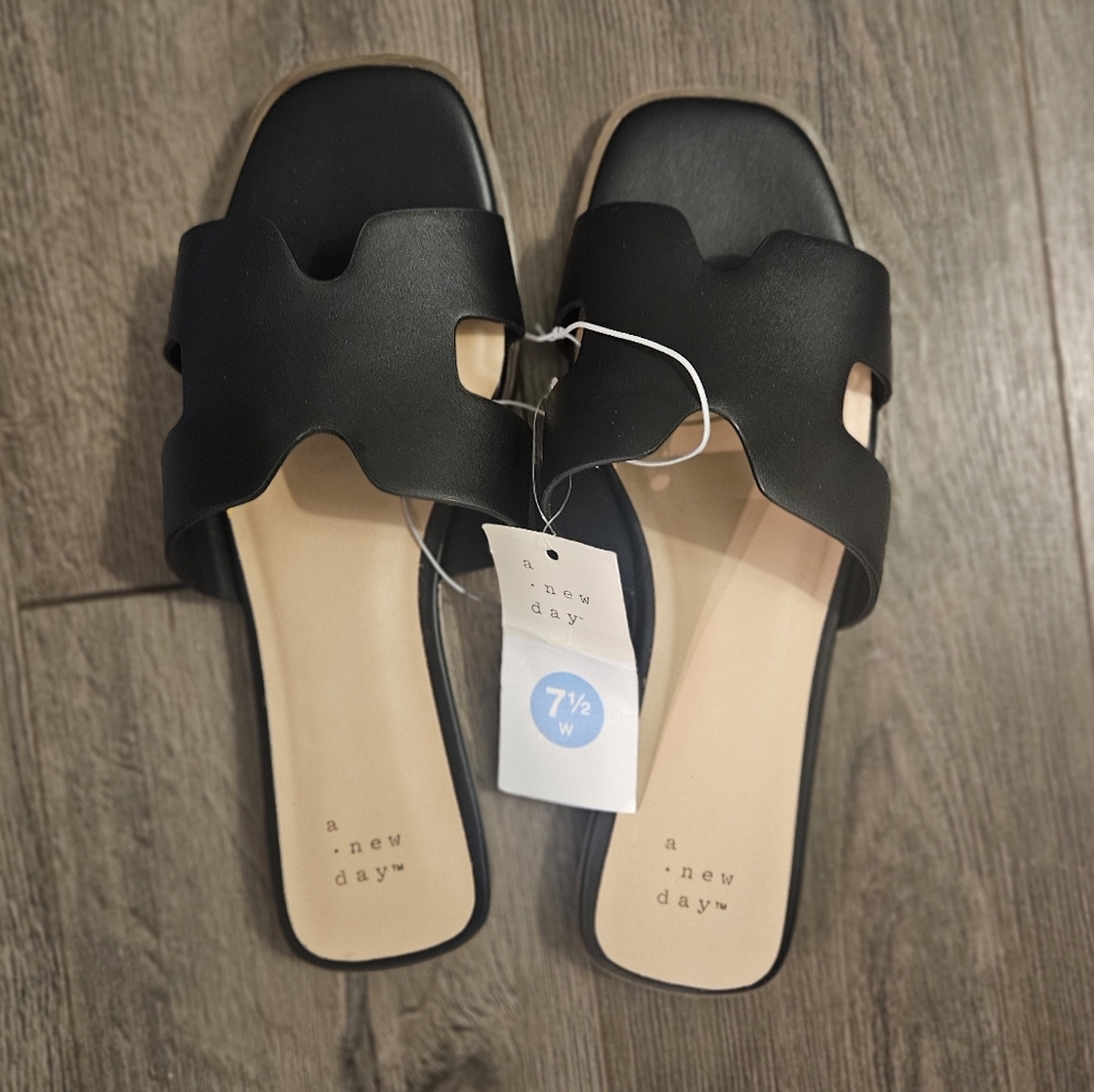 A New Day Black Slide Sandals with H-Cutout Design